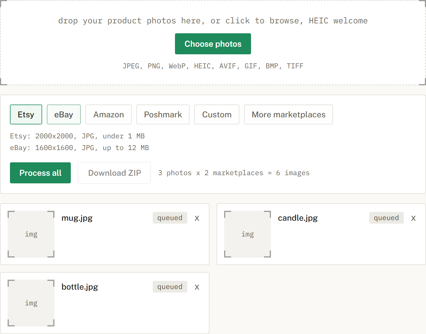 Three photos queued with Etsy and eBay selected, showing the per-marketplace specs.