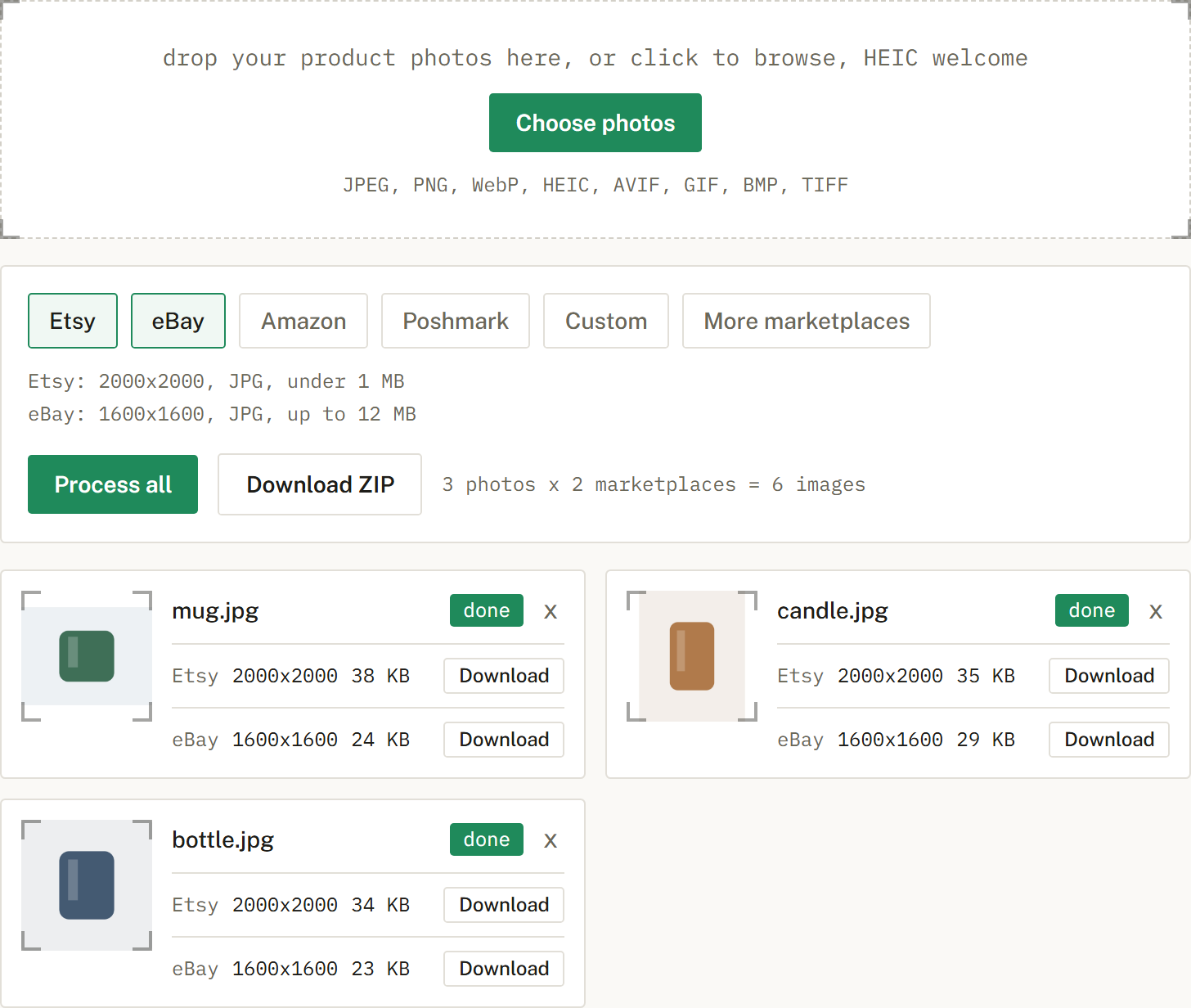 The processed queue showing each photo at the Etsy and eBay sizes, ready to download.